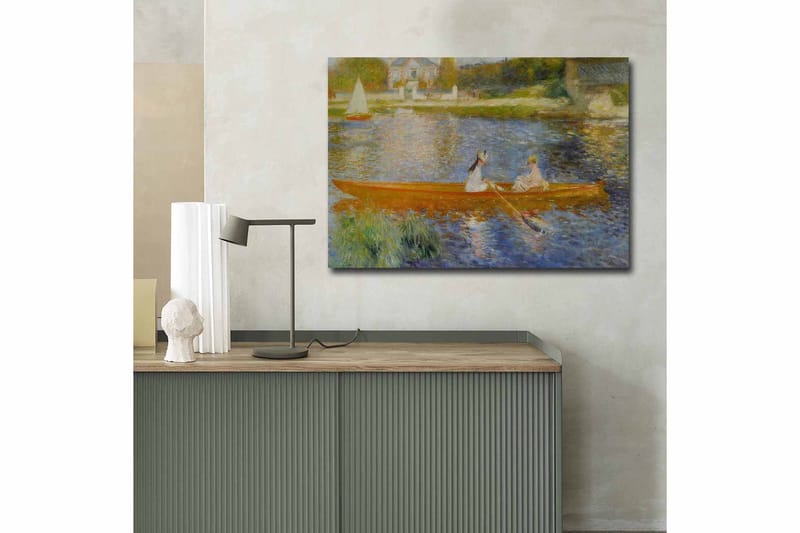 Lerretsbilde 70x100 cm - To kvinner padler i en båt på en speilblank innsjø - Oransje / Blå / Grønn - Interiør - Maleri & posters - Lerretsbilder