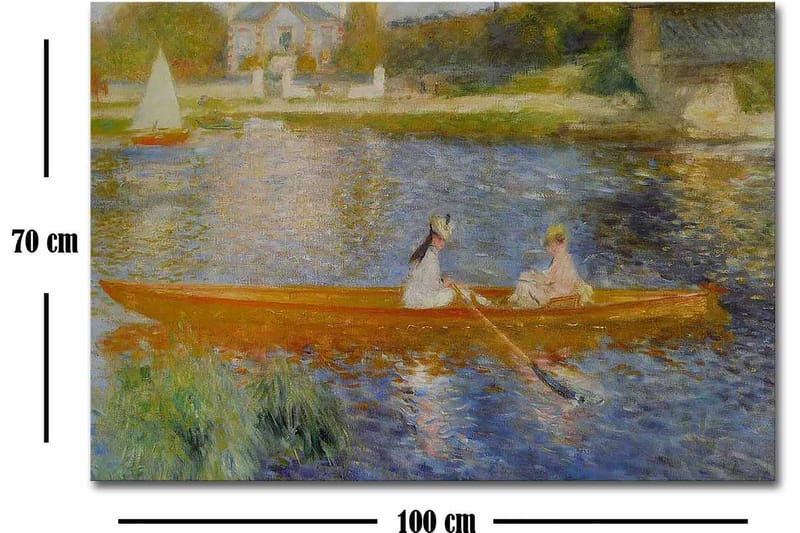 Lerretsbilde 70x100 cm - To kvinner padler i en båt på en speilblank innsjø - Oransje / Blå / Grønn - Interiør - Maleri & posters - Lerretsbilder