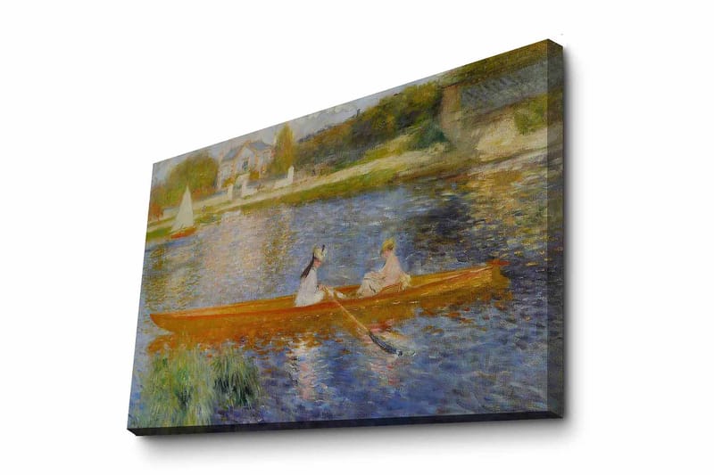 Lerretsbilde 70x100 cm - To kvinner padler i en båt på en speilblank innsjø, Oransje / Blå / Grønn