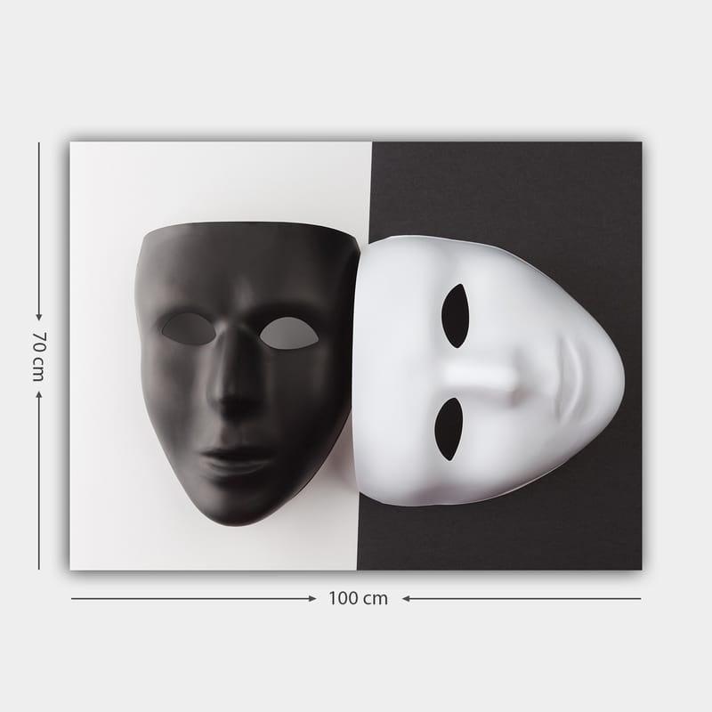 Lerretsbilde 70x100 cm - To masker, en svart og en hvit, som symboliserer kontrasterende følelser eller identiteter - Svart / Hvit - Interiør - Maleri & posters - Lerretsbilder
