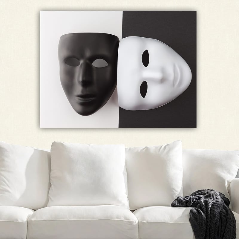 Lerretsbilde 70x100 cm - To masker, en svart og en hvit, som symboliserer kontrasterende følelser eller identiteter, Svart / Hvit