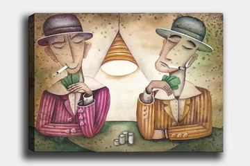 Lerretsbilde 70x100 cm - To menn som spiller kort under en lampe, med sigaretter i munnen og et konsentrert uttrykk - Lilla / Grønn / Beige - Interiør - Maleri & posters - Lerretsbilder