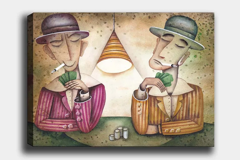 Lerretsbilde 70x100 cm - To menn som spiller kort under en lampe, med sigaretter i munnen og et konsentrert uttrykk, Lilla / Grønn / Beige