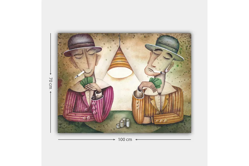 Lerretsbilde 70x100 cm - To menn som spiller kort under en lampe, med sigaretter i munnen og et konsentrert uttrykk - Lilla / Grønn / Beige - Interiør - Maleri & posters - Lerretsbilder