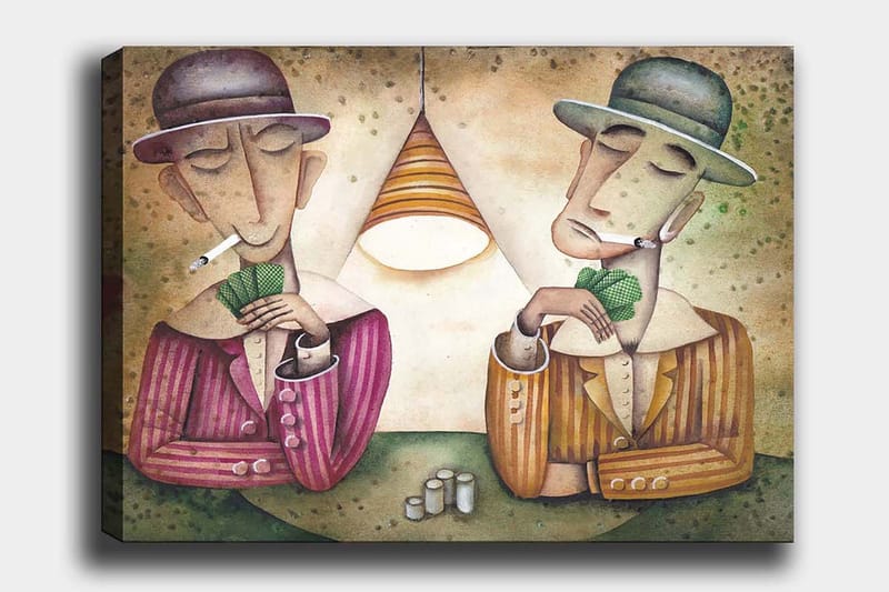 Lerretsbilde 70x100 cm - To menn som spiller kort under en lampe, med sigaretter i munnen og et konsentrert uttrykk, Lilla / Grønn / Beige