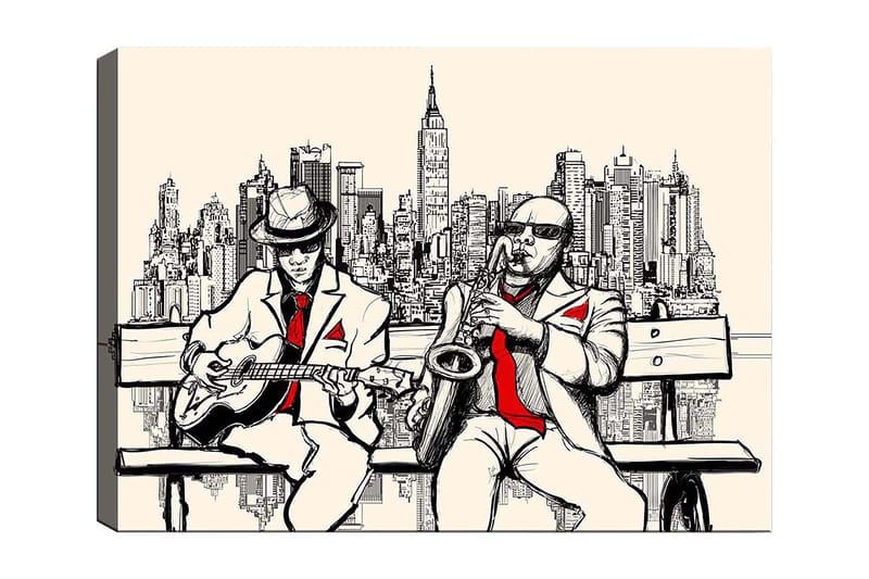 Lerretsbilde 70x100 cm - To musikere på en benk med New York som silhuett, Beige / Svart / Rød