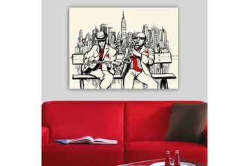 Lerretsbilde 70x100 cm - To musikere på en benk med New York som silhuett - Beige / Svart / Rød - Interiør - Maleri & posters - Lerretsbilder