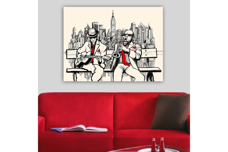 Lerretsbilde 70x100 cm - To musikere på en benk med New York som silhuett - Beige / Svart / Rød - Interiør - Maleri & posters - Lerretsbilder