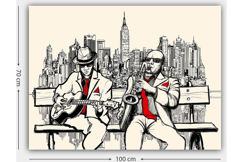 Lerretsbilde 70x100 cm - To musikere på en benk med New York som silhuett - Beige / Svart / Rød - Interiør - Maleri & posters - Lerretsbilder