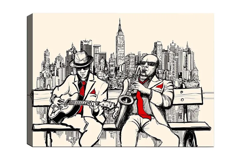 Lerretsbilde 70x100 cm - To musikere på en benk med New York som silhuett, Beige / Svart / Rød
