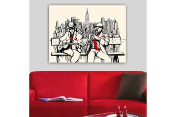 Lerretsbilde 70x100 cm - To musikere på en benk med New York som silhuett - Beige / Svart / Rød - Interiør - Maleri & posters - Lerretsbilder