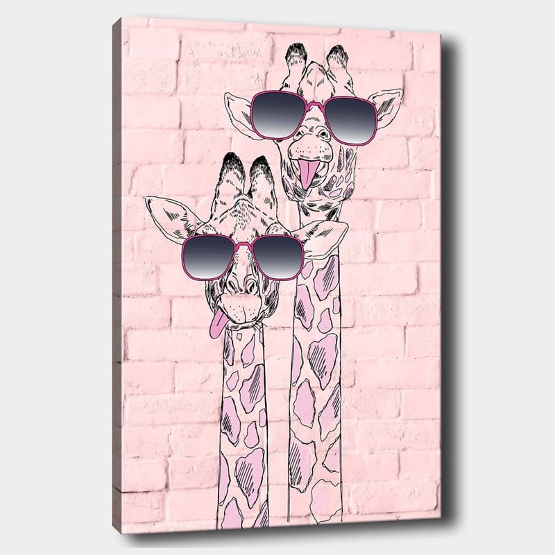 Lerretsbilde 70x100 cm - To sjiraffer med solbriller som skiller seg ut med sine lekne uttrykk, Rosa / Svart / Hvit