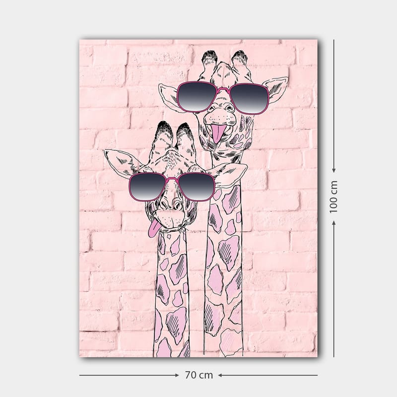 Lerretsbilde 70x100 cm - To sjiraffer med solbriller som skiller seg ut med sine lekne uttrykk - Rosa / Svart / Hvit - Interiør - Maleri & posters - Lerretsbilder