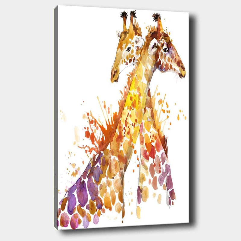 Lerretsbilde 70x100 cm - To sjiraffer som står tett inntil hverandre, fremhevet av fargerike akvarelltoner - Gyllenbrun / Lilla / Oransje - Interiør - Maleri & posters - Lerretsbilder