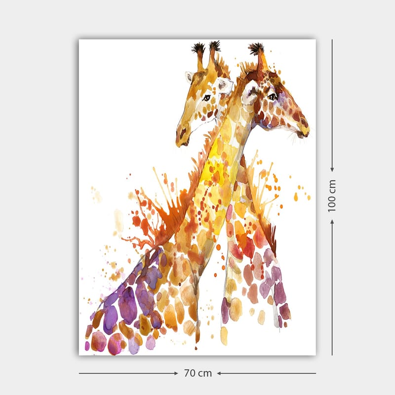 Lerretsbilde 70x100 cm - To sjiraffer som står tett inntil hverandre, fremhevet av fargerike akvarelltoner - Gyllenbrun / Lilla / Oransje - Interiør - Maleri & posters - Lerretsbilder