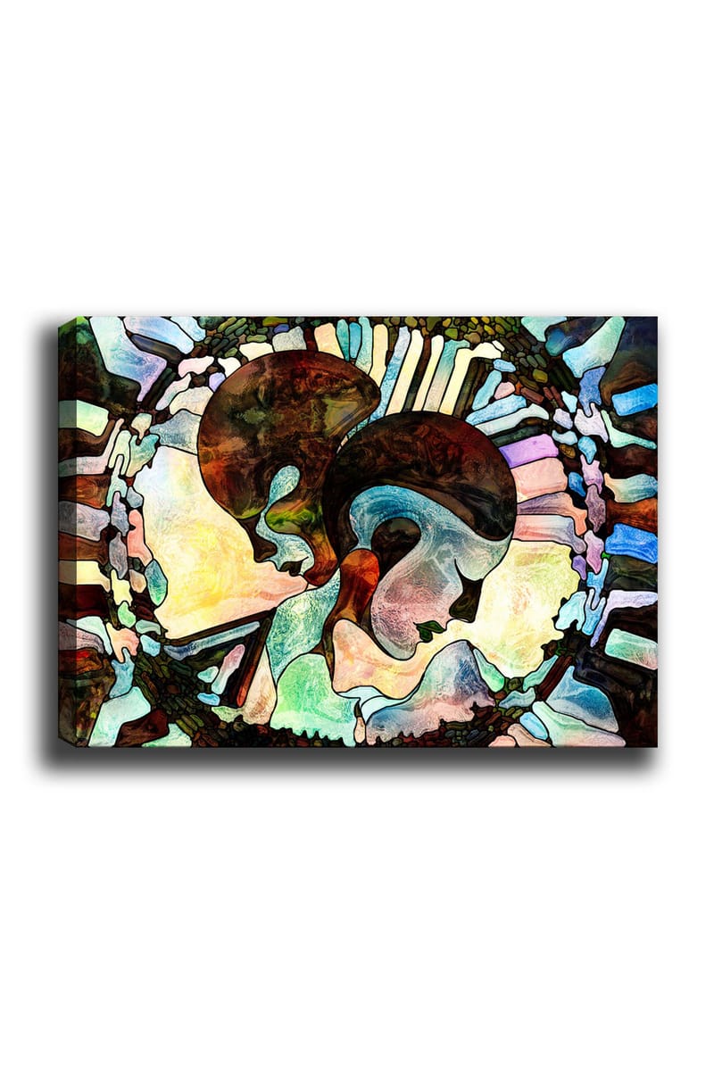 Lerretsbilde 70x100 cm - To stiliserte ansikter forent i en harmonisk komposisjon, Mørk brun / Lys blå / Grønn