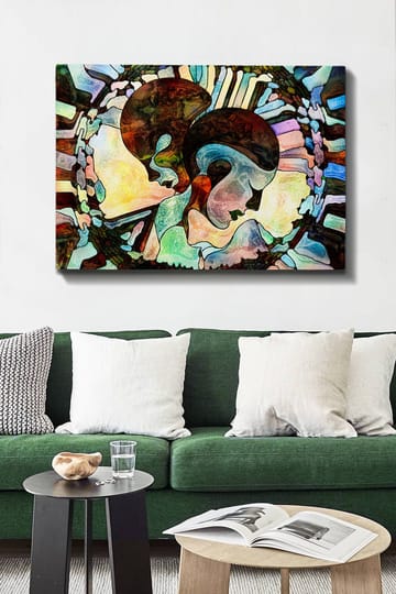 Lerretsbilde 70x100 cm - To stiliserte ansikter forent i en harmonisk komposisjon - Mørk brun / Lys blå / Grønn - Interiør - Maleri & posters - Lerretsbilder