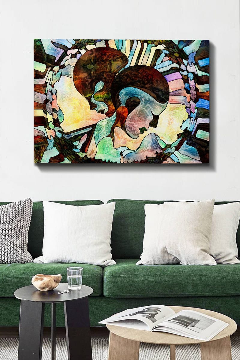 Lerretsbilde 70x100 cm - To stiliserte ansikter forent i en harmonisk komposisjon - Mørk brun / Lys blå / Grønn - Interiør - Maleri & posters - Lerretsbilder