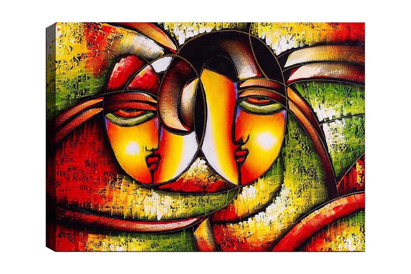 Lerretsbilde 70x100 cm - To stiliserte ansikter som uttrykker nærhet og samhørighet, Rød / Grønn / Gul