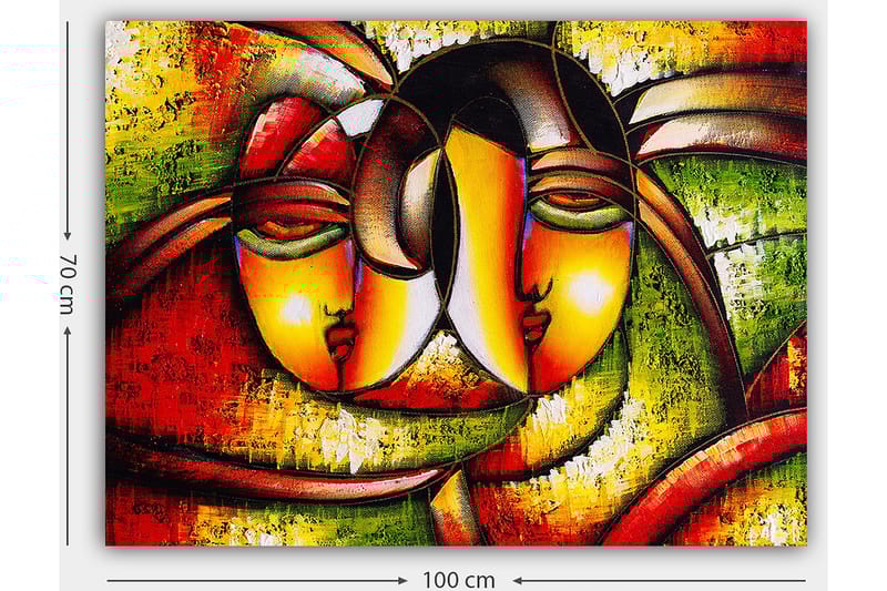 Lerretsbilde 70x100 cm - To stiliserte ansikter som uttrykker nærhet og samhørighet - Rød / Grønn / Gul - Interiør - Maleri & posters - Lerretsbilder