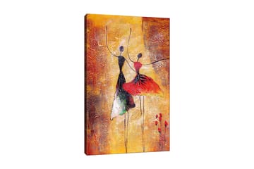 Lerretsbilde 70x100 cm - To stiliserte dansere i fargerike kjoler som uttrykker bevegelse og glede - Rød / Svart / Oransje - Interiør - Maleri & posters - Lerretsbilder