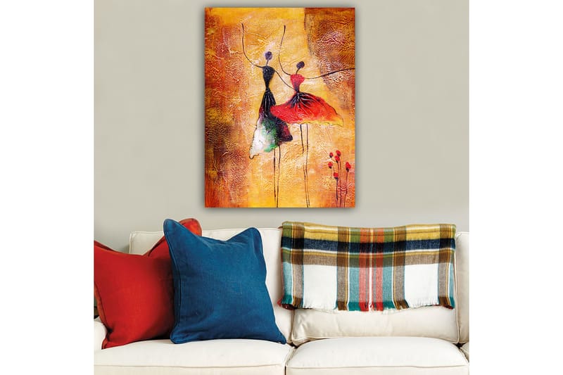 Lerretsbilde 70x100 cm - To stiliserte dansere i fargerike kjoler som uttrykker bevegelse og glede - Rød / Svart / Oransje - Interiør - Maleri & posters - Lerretsbilder