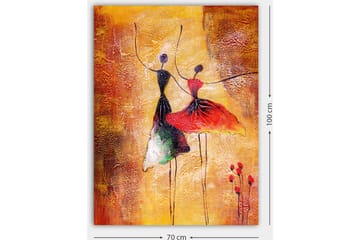 Lerretsbilde 70x100 cm - To stiliserte dansere i fargerike kjoler som uttrykker bevegelse og glede - Rød / Svart / Oransje - Interiør - Maleri & posters - Lerretsbilder