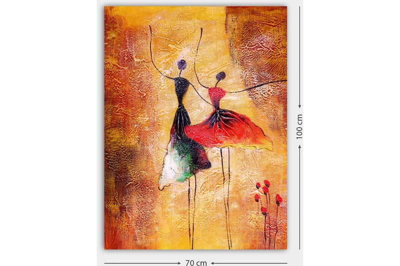 Lerretsbilde 70x100 cm - To stiliserte dansere i fargerike kjoler som uttrykker bevegelse og glede - Rød / Svart / Oransje - Interiør - Maleri & posters - Lerretsbilder