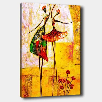 Lerretsbilde 70x100 cm - To stiliserte dansere i fargerike kjoler som uttrykker glede og bevegelse - Rød / Grønn / Gul - Interiør - Maleri & posters - Lerretsbilder
