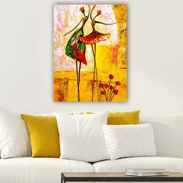 Lerretsbilde 70x100 cm - To stiliserte dansere i fargerike kjoler som uttrykker glede og bevegelse - Rød / Grønn / Gul - Interiør - Maleri & posters - Lerretsbilder