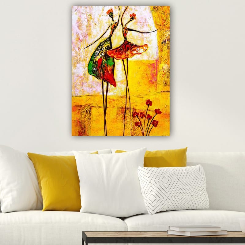 Lerretsbilde 70x100 cm - To stiliserte dansere i fargerike kjoler som uttrykker glede og bevegelse - Rød / Grønn / Gul - Interiør - Maleri & posters - Lerretsbilder