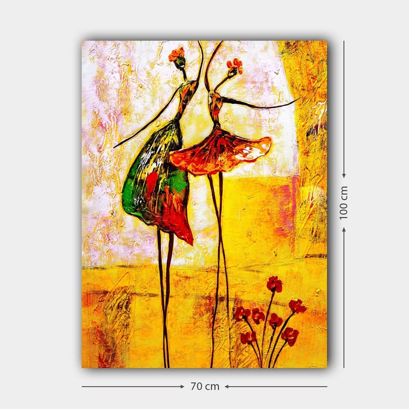 Lerretsbilde 70x100 cm - To stiliserte dansere i fargerike kjoler som uttrykker glede og bevegelse - Rød / Grønn / Gul - Interiør - Maleri & posters - Lerretsbilder