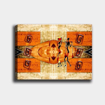 Lerretsbilde 70x100 cm - To stiliserte figurer som bærer fartøy, omgitt av abstrakte mønstre i varme farger - Oransje / Rød / Svart - Interiør - Maleri & posters - Lerretsbilder