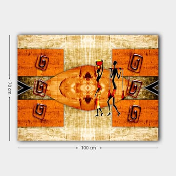 Lerretsbilde 70x100 cm - To stiliserte figurer som bærer fartøy, omgitt av abstrakte mønstre i varme farger - Oransje / Rød / Svart - Interiør - Maleri & posters - Lerretsbilder
