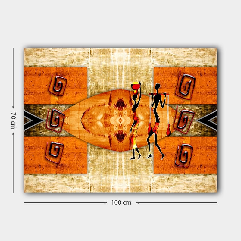 Lerretsbilde 70x100 cm - To stiliserte figurer som bærer fartøy, omgitt av abstrakte mønstre i varme farger - Oransje / Rød / Svart - Interiør - Maleri & posters - Lerretsbilder