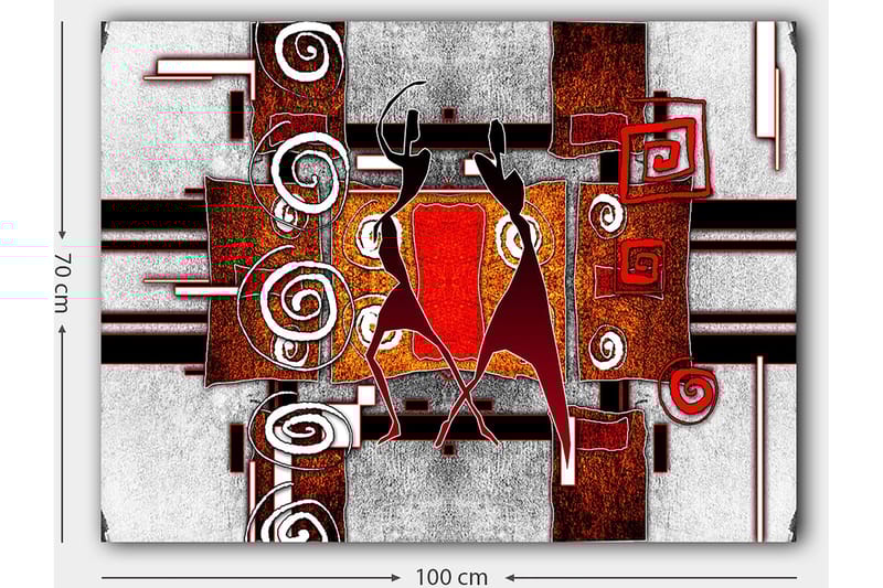 Lerretsbilde 70x100 cm - To stiliserte figurer som danser i en abstrakt komposisjon med spiraler og geometriske former - Rød / Brun / Svart - Interiør - Maleri & posters - Lerretsbilder
