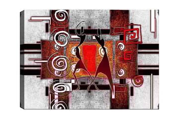 Lerretsbilde 70x100 cm - To stiliserte figurer som danser i en abstrakt komposisjon med spiraler og geometriske former - Rød / Brun / Svart - Interiør - Maleri & posters - Lerretsbilder