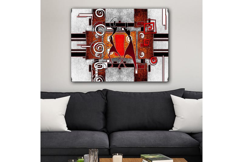 Lerretsbilde 70x100 cm - To stiliserte figurer som danser i en abstrakt komposisjon med spiraler og geometriske former - Rød / Brun / Svart - Interiør - Maleri & posters - Lerretsbilder