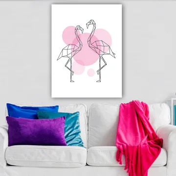 Lerretsbilde 70x100 cm - To stiliserte flamingoer i geometrisk form som står tett inntil hverandre - Rosa / Svart - Interiør - Maleri & posters - Lerretsbilder