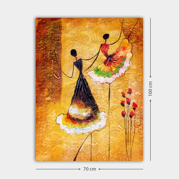 Lerretsbilde 70x100 cm - To stiliserte kvinner i fargerike kjoler som danser sammen - Gull / Svart / Rød - Interiør - Maleri & posters - Lerretsbilder
