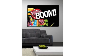 Lerretsbilde 70x100 cm - To store, åpne munner med røde lepper som skriker BOOM! i en fargerik og livlig komposisjon - Rød / Grønn / Blå - Interiør - Maleri & posters - Lerretsbilder