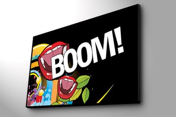 Lerretsbilde 70x100 cm - To store, åpne munner med røde lepper som skriker BOOM! i en fargerik og livlig komposisjon - Rød / Grønn / Blå - Interiør - Maleri & posters - Lerretsbilder