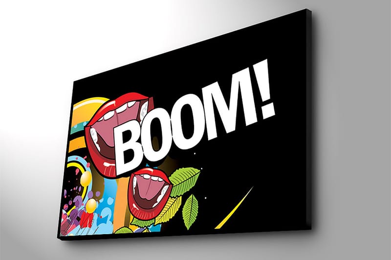Lerretsbilde 70x100 cm - To store, åpne munner med røde lepper som skriker BOOM! i en fargerik og livlig komposisjon - Rød / Grønn / Blå - Interiør - Maleri & posters - Lerretsbilder