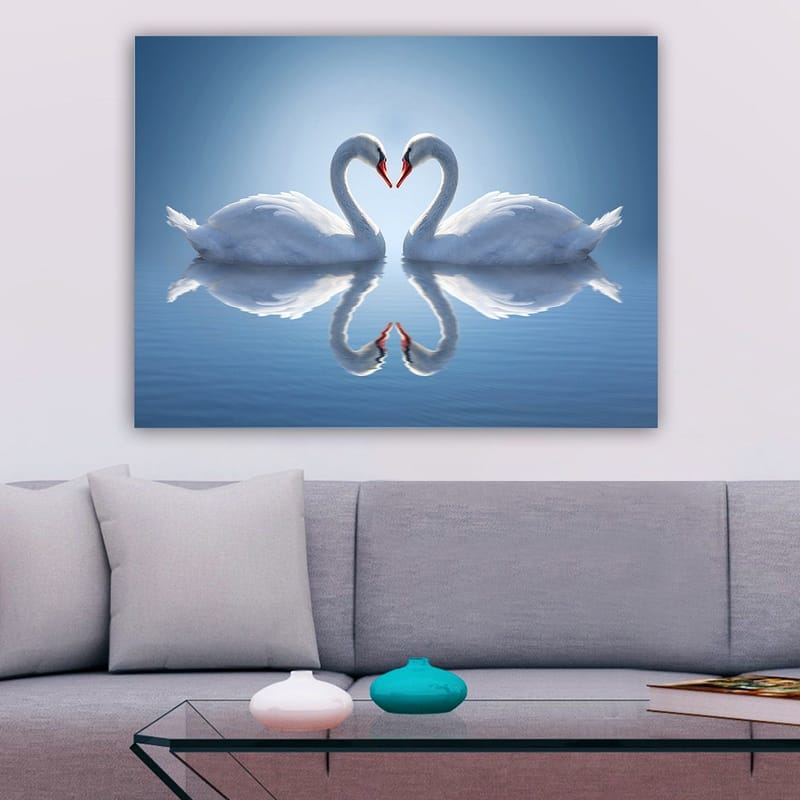 Lerretsbilde 70x100 cm - To svaner som danner et hjerte med halsene i speilbilde på vannet - Hvit / Rød / Blå - Interiør - Maleri & posters - Lerretsbilder