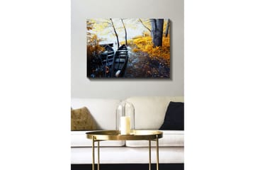 Lerretsbilde 70x100 cm - To svarte båter ved et gyllent høstlandskap med trær og refleksjon i vannet - Svart / Gyllen / Blå - Interiør - Maleri & posters - Lerretsbilder