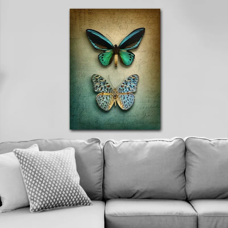 Lerretsbilde 70x100 cm - To vakre sommerfugler i en harmonisk komposisjon, Turkis / Grønn / Blå