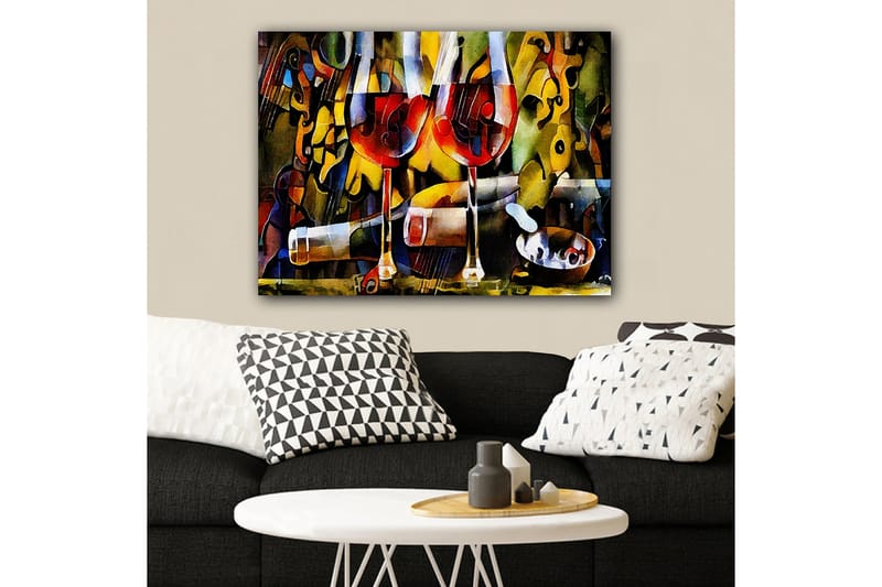 Lerretsbilde 70x100 cm - To vinglass med rød væske omgitt av abstrakte musikalske og fargerike elementer - Rød / Gul / Grønn - Interiør - Maleri & posters - Lerretsbilder