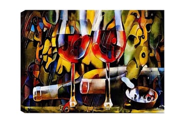 Lerretsbilde 70x100 cm - To vinglass med rød væske omgitt av abstrakte musikalske og fargerike elementer - Rød / Gul / Grønn - Interiør - Maleri & posters - Lerretsbilder