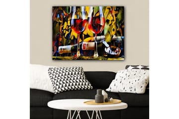 Lerretsbilde 70x100 cm - To vinglass med rød væske omgitt av abstrakte musikalske og fargerike elementer - Rød / Gul / Grønn - Interiør - Maleri & posters - Lerretsbilder