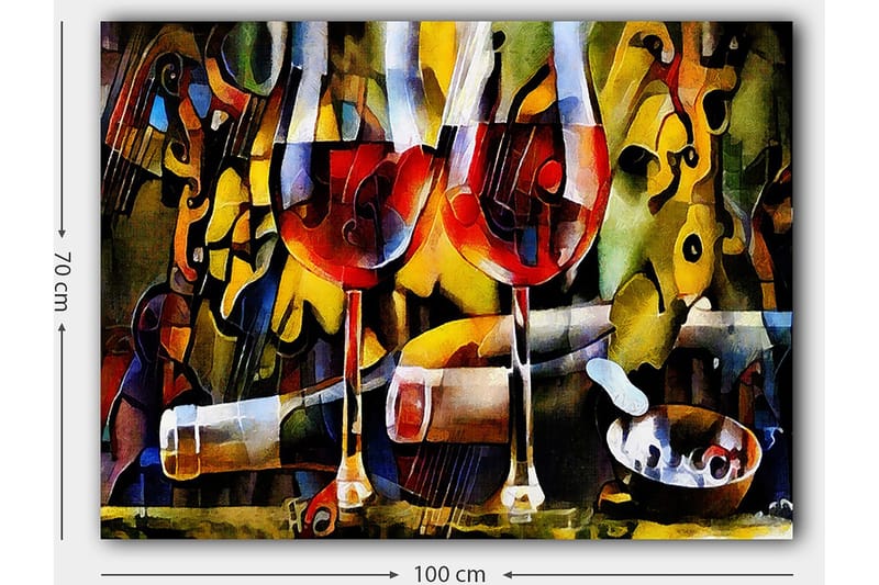 Lerretsbilde 70x100 cm - To vinglass med rød væske omgitt av abstrakte musikalske og fargerike elementer - Rød / Gul / Grønn - Interiør - Maleri & posters - Lerretsbilder